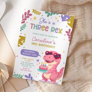 Pink Dinosaur Three Rex Girl Birthday Party Invitation