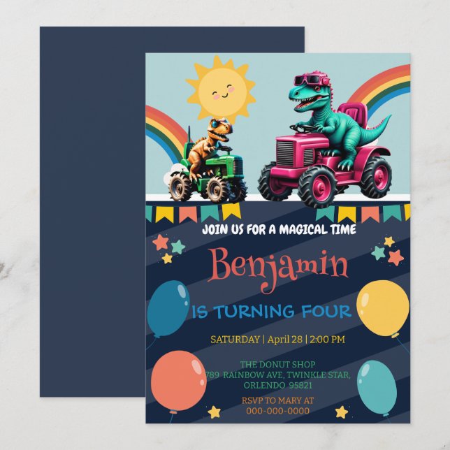 Pink dinosaur tractor truck rainbow Birthday boy Invitation (Front/Back)