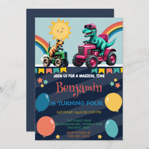 Pink dinosaur tractor truck rainbow Birthday boy Invitation