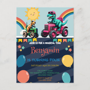 Pink dinosaur tractor truck rainbow Birthday boy Postcard