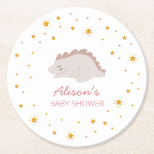 Pink Dinosaur Twinkle Star Baby Shower Girl Party Round Paper Coaster