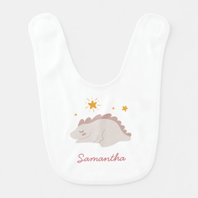 Pink Dinosaur Twinkle Star Girly Girl Baby Bib (Front)