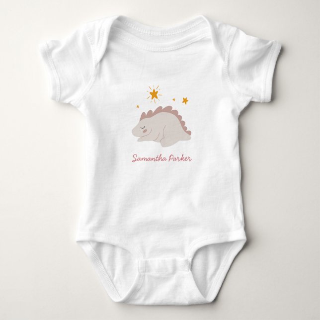 Pink Dinosaur Twinkle Star Girly Girl Baby Bodysuit (Front)
