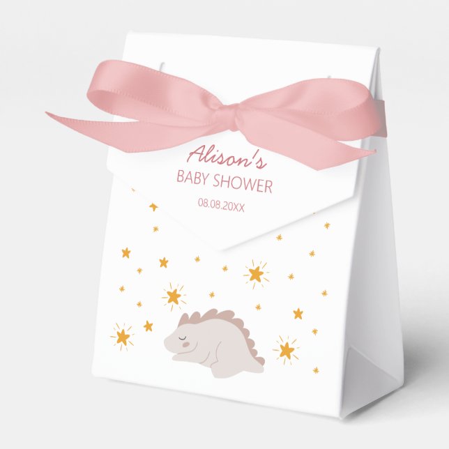 Pink Dinosaur Twinkle Stars Baby Girl Shower Favor Boxes (Front Side)