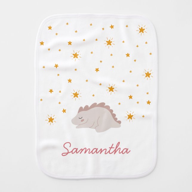 Pink Dinosaur Twinkle Stars Girly Girl Baby Burp Cloth (Front)