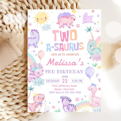 Pink Dinosaur Two A_Saurus 2nd Birthday Party Invitation