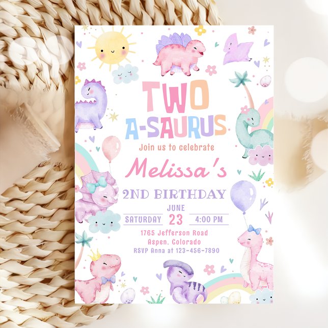 Pink Dinosaur Two A-Saurus 2nd Birthday Party Invitation (Creator Uploaded)