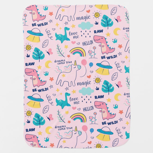 Pink Dinosaur Unicorn Rainbow Baby Girl Blanket (Front)