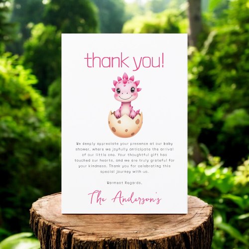 Pink Dinosaur Watercolor Baby Shower Thank You Card by Pretty Girly Designs