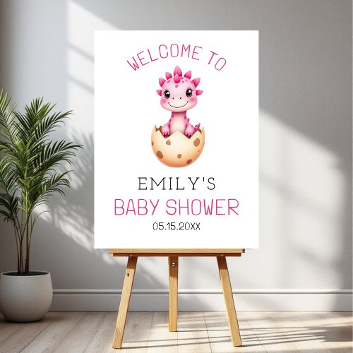 Pink Dinosaur Watercolor Baby Shower Welcome Sign by Pretty Girly Designs