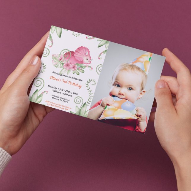 Pink Dinosaur Watercolor Girl Birthday Photo Invitation (Creator Uploaded)