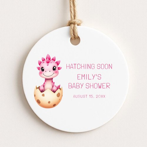Pink Dinosaur Watercolor Hatching Soon Baby Shower Favor Tags by Pretty Girly Designs