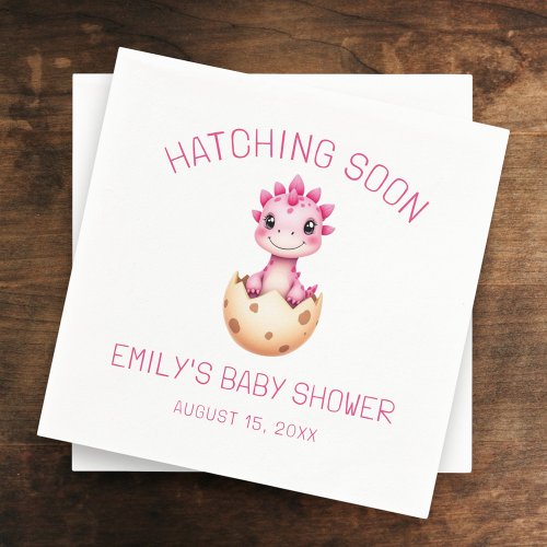 Pink Dinosaur Watercolor Hatching Soon Baby Shower Napkins by Pretty Girly Designs