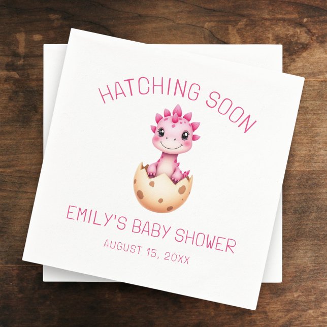 Pink Dinosaur Watercolor Hatching Soon Baby Shower Napkins (Creator Uploaded)