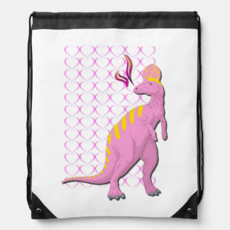 Pink Dinosaur With Hearts Drawstring Bag