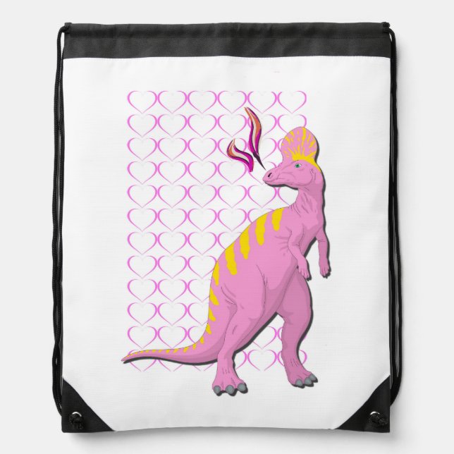 Pink Dinosaur With Hearts Drawstring Bag (Front)