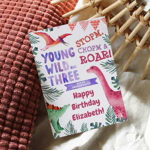 Pink Dinosaur Young Wild and Three 3rd Birthday