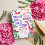 Pink Dinosaur Young Wild and Three Watercolor  Invitation<br><div class="desc">watercolor painted dinosaurs and " young wild and three" unique  girls 3rd birthday invitation. Customizable</div>