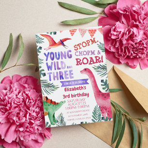 Pink Dinosaur Young Wild and Three Watercolor  Invitation