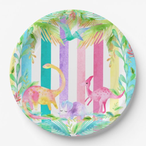 Pink Dinosaurs and pastel stripes Paper Plate