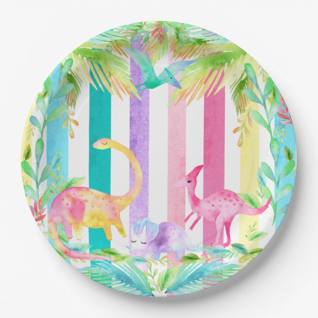Pink Dinosaurs and pastel stripes Paper Plate (Front)