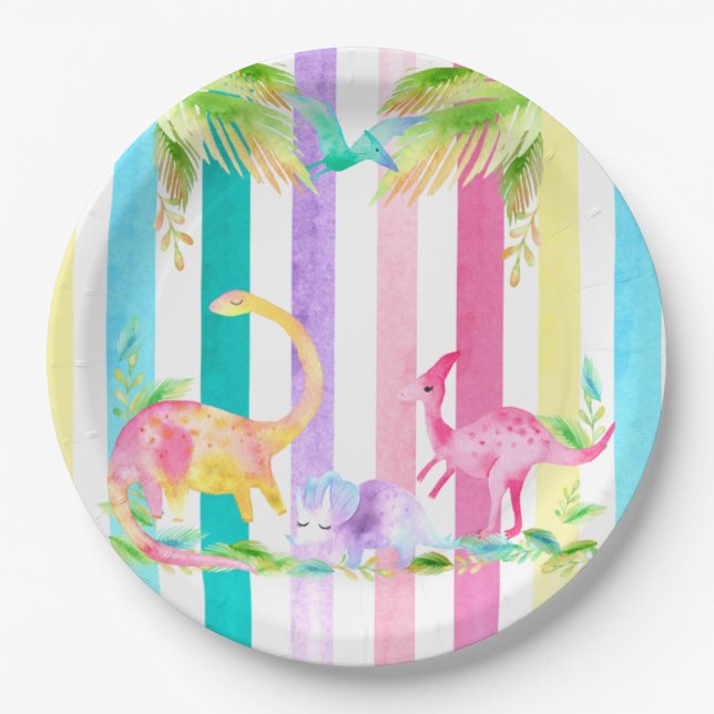 Pink Dinosaurs and pastel stripes Paper Plates (Front)