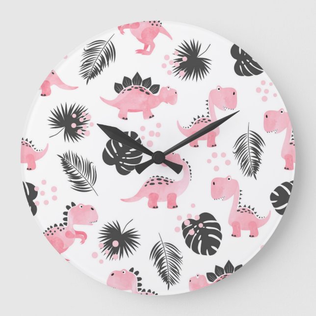 Pink Dinosaurs: Cute Kids Pattern. Large Clock (Front)