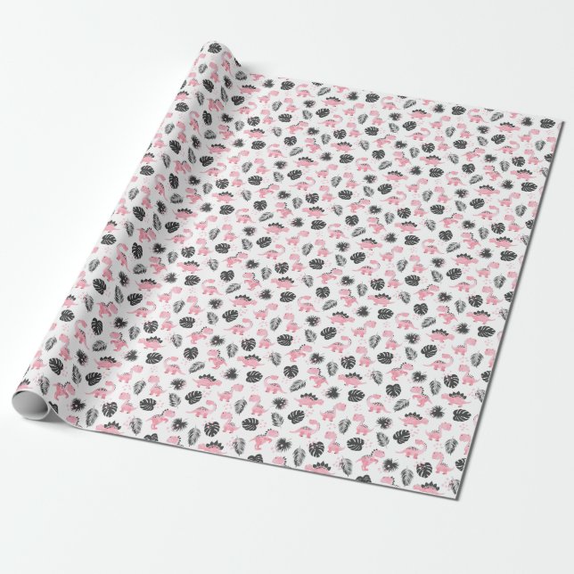 Pink Dinosaurs: Cute Kids Pattern. Wrapping Paper (Unrolled)