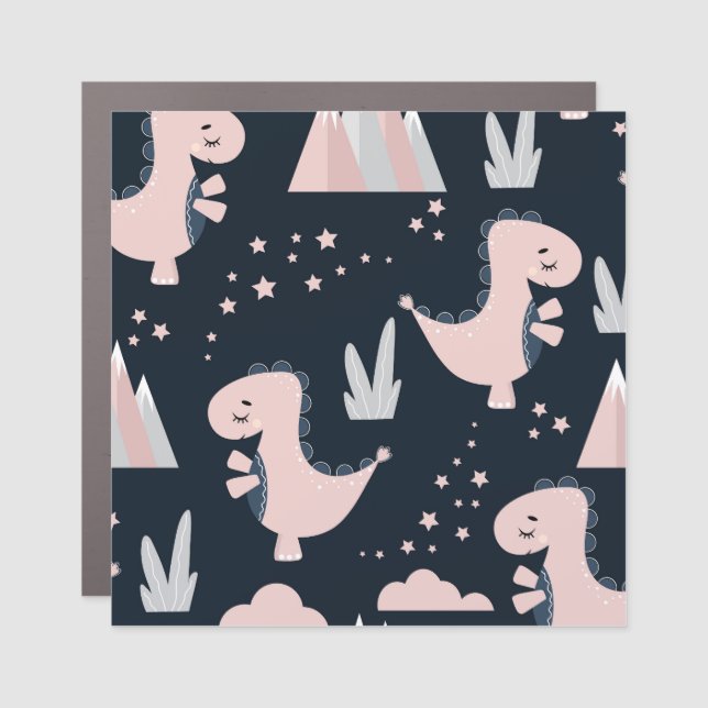 Pink dinosaurs, dark background, cute car magnet (Front)