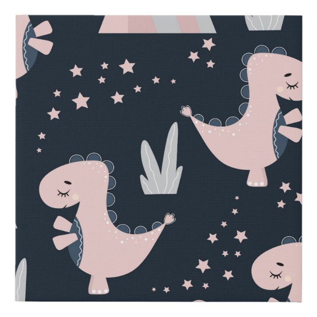 Pink dinosaurs, dark background, cute faux canvas print (Front)