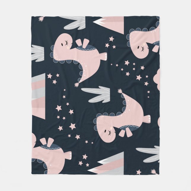 Pink dinosaurs, dark background, cute fleece blanket (Front)