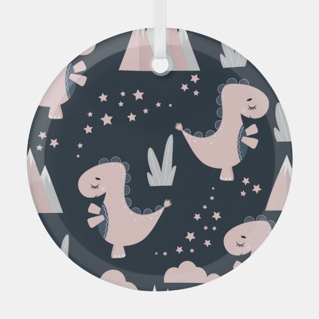 Pink dinosaurs, dark background, cute glass ornament (Front)