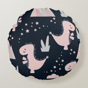 Pink dinosaurs, dark background, cute round pillow