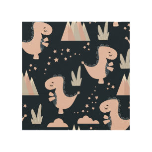 Pink dinosaurs, dark background, cute wood wall art