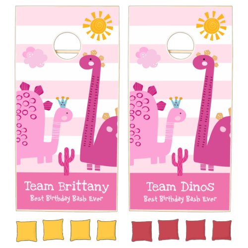 Pink Dinosaurs Girl Birthday Cute Kawaii Custom Cornhole Set