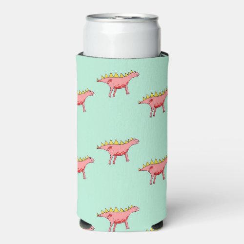 Pink dinosaurs on blue seltzer can cooler