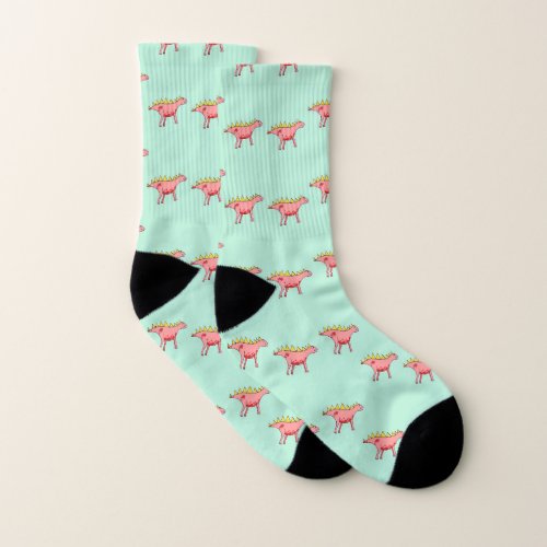 Pink dinosaurs on blue socks