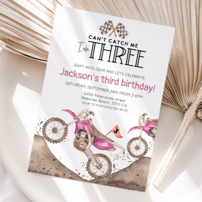 Pink Dirt Bike 3rd birthday - Cant catch me Invitation (Pink dirt bike birthday invitation, cute watercolor pink dirt bike)