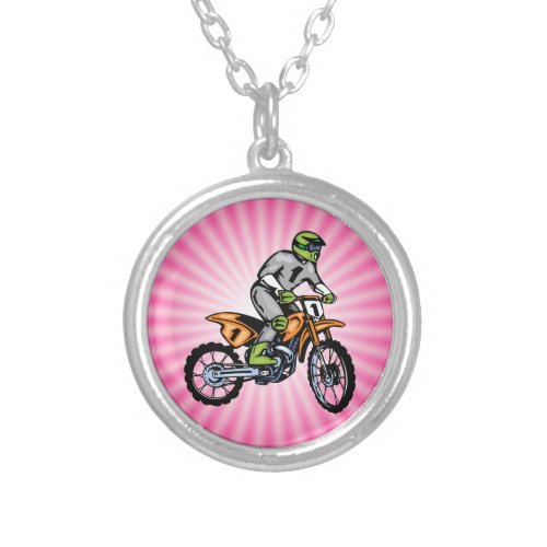 Pink Dirt Bike Silver Plated Necklace