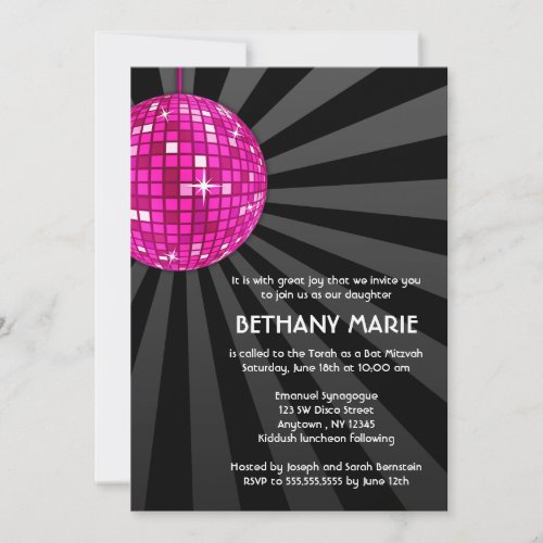 Pink Disco Ball Bat Mitzvah Invitations