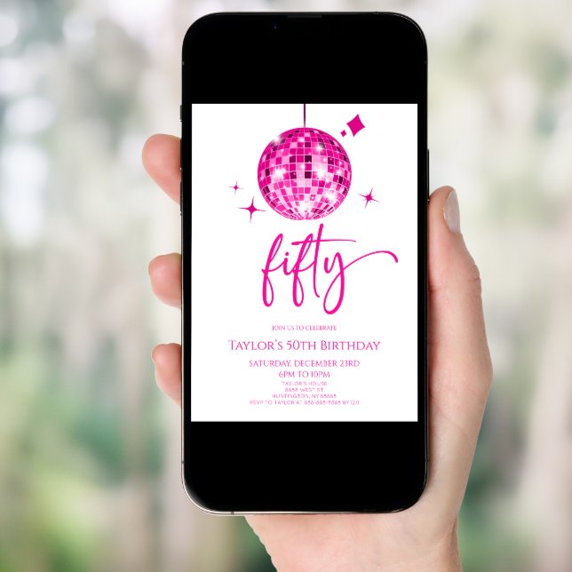 Pink Disco Ball Fifty 50th Birthday Party Invitation (Front Digital)