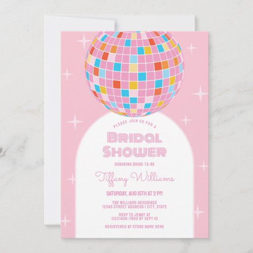 Pink Disco Ball Retro 70s 80s Bridal Shower Invitation