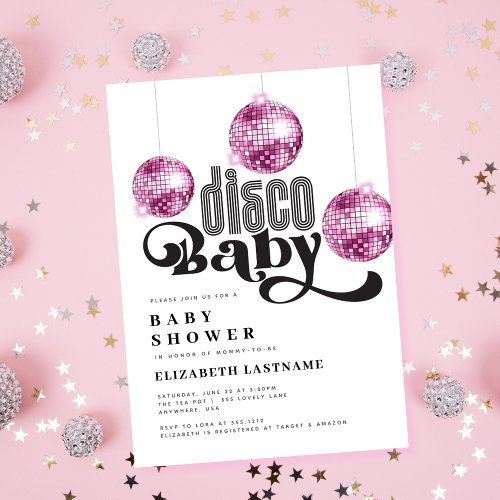 Pink Disco Ball Retro Disco Baby Shower Invitation