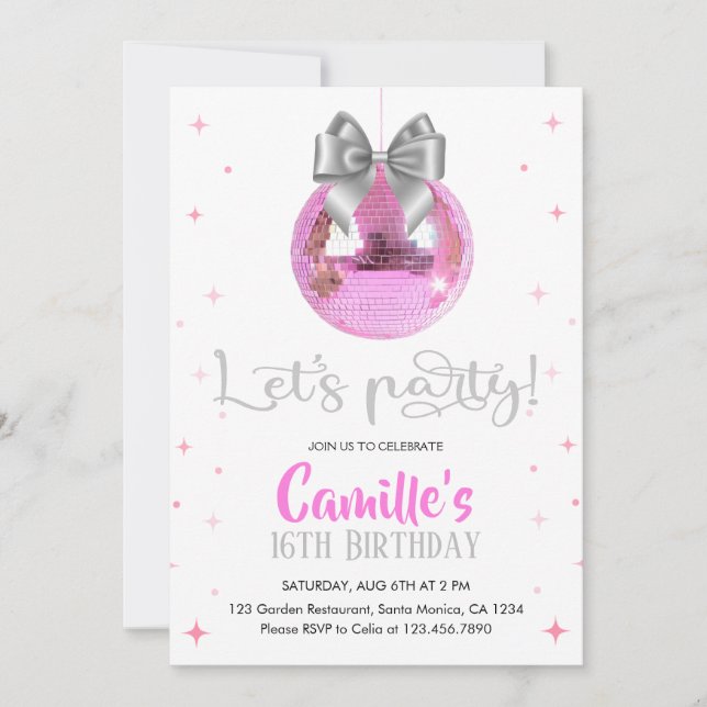 Pink Disco Ball | Silver bow Birthday  Invitation (Front)