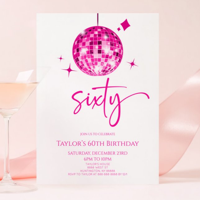 Pink Disco Ball Sixty 60th Birthday Party Invitation (Creator Uploaded)