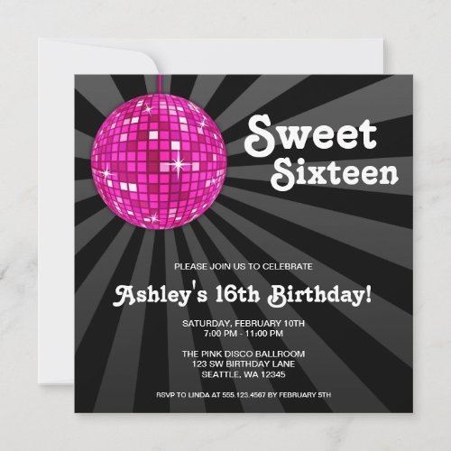 Pink Disco Ball Sweet 16 Birthday Invitations