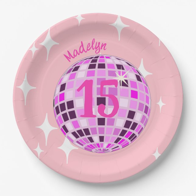 Pink Disco Ball Sweet Fifteen 15th Birthday Paper Plates (Front)