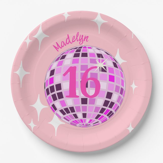 Pink Disco Ball Sweet Sixteen 16th Birthday Paper Plates (Front)