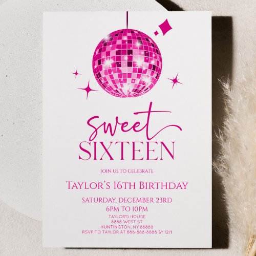 Pink Disco Ball Sweet Sixteen 16th Birthday Party Invitation