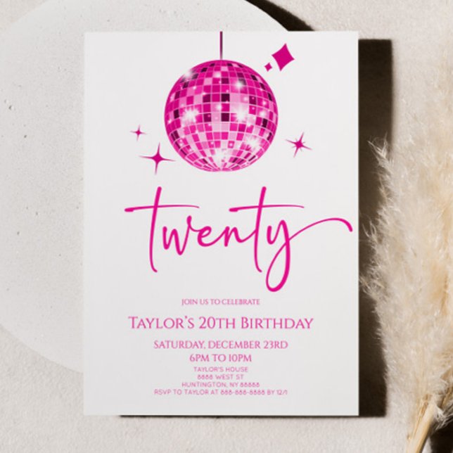 Pink Disco Ball Twenty 20th Birthday Party Invitation (Creator Uploaded)